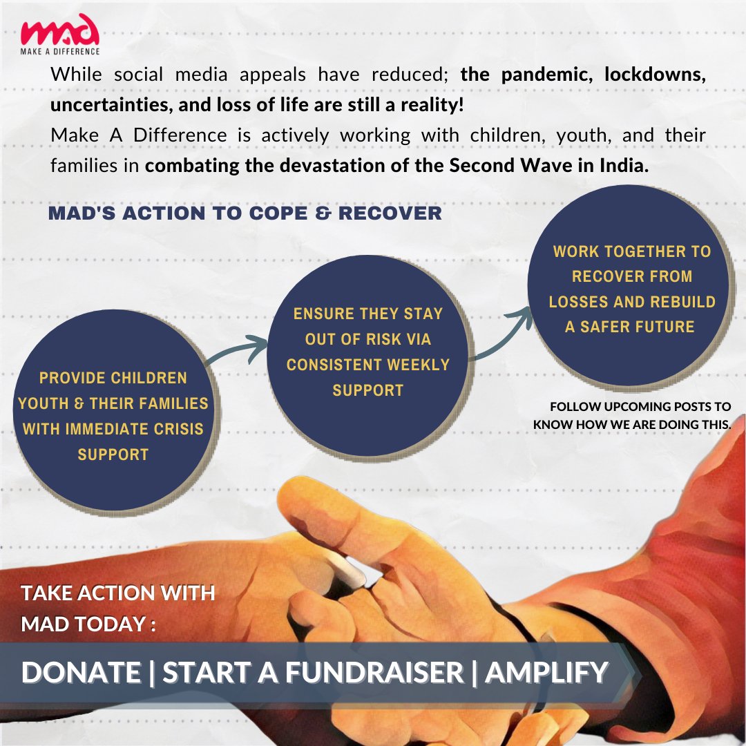 makeadiff's tweet photo. While social media appeals have reduced; the pandemic, lockdowns, uncertainties, and loss of life is still a reality!Support us and take action NOW! 
https://t.co/Wnn4rMx5ka

#ACTnow #RoadToRecovery #COVIDcrisisinIndia #Secondwave #Fundraiser #Rebuild #DONATE #AMPLIFY #makeadiff https://t.co/NJyqzqQ3LL