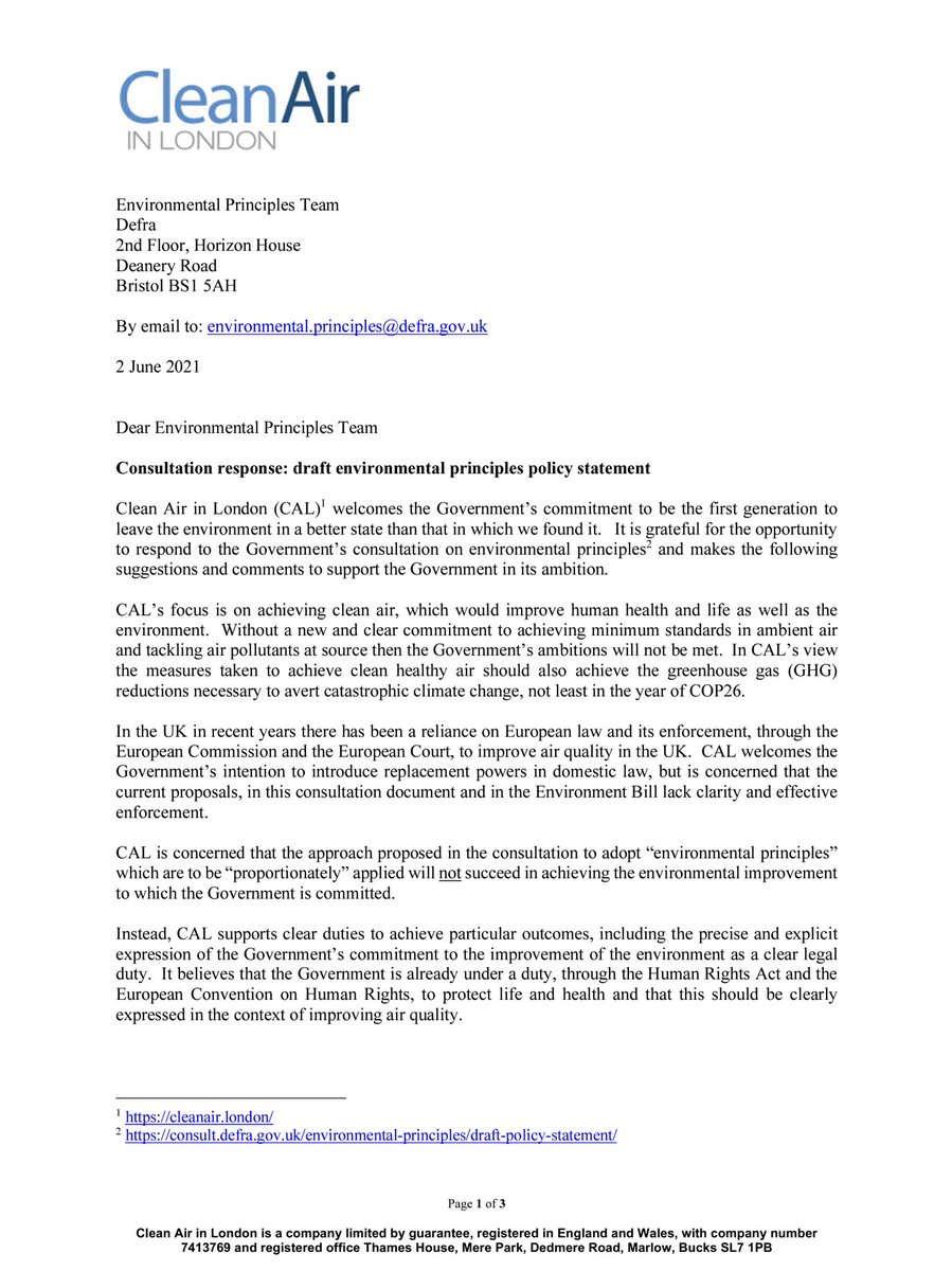 CleanAirLondon's tweet image. Closes 1159pm Wednesday 2 June | Our response to @DefraGovUK&apos;s consultation on #EnvironmentalPrinciples says that @GreenJennyJones&apos;s #CleanAir (#HumanRights) Bill is the answer to the Government&apos;s dreams! cc @pow_rebecca @ZacGoldsmith HT @HGLegal consult.defra.gov.uk/environmental-…