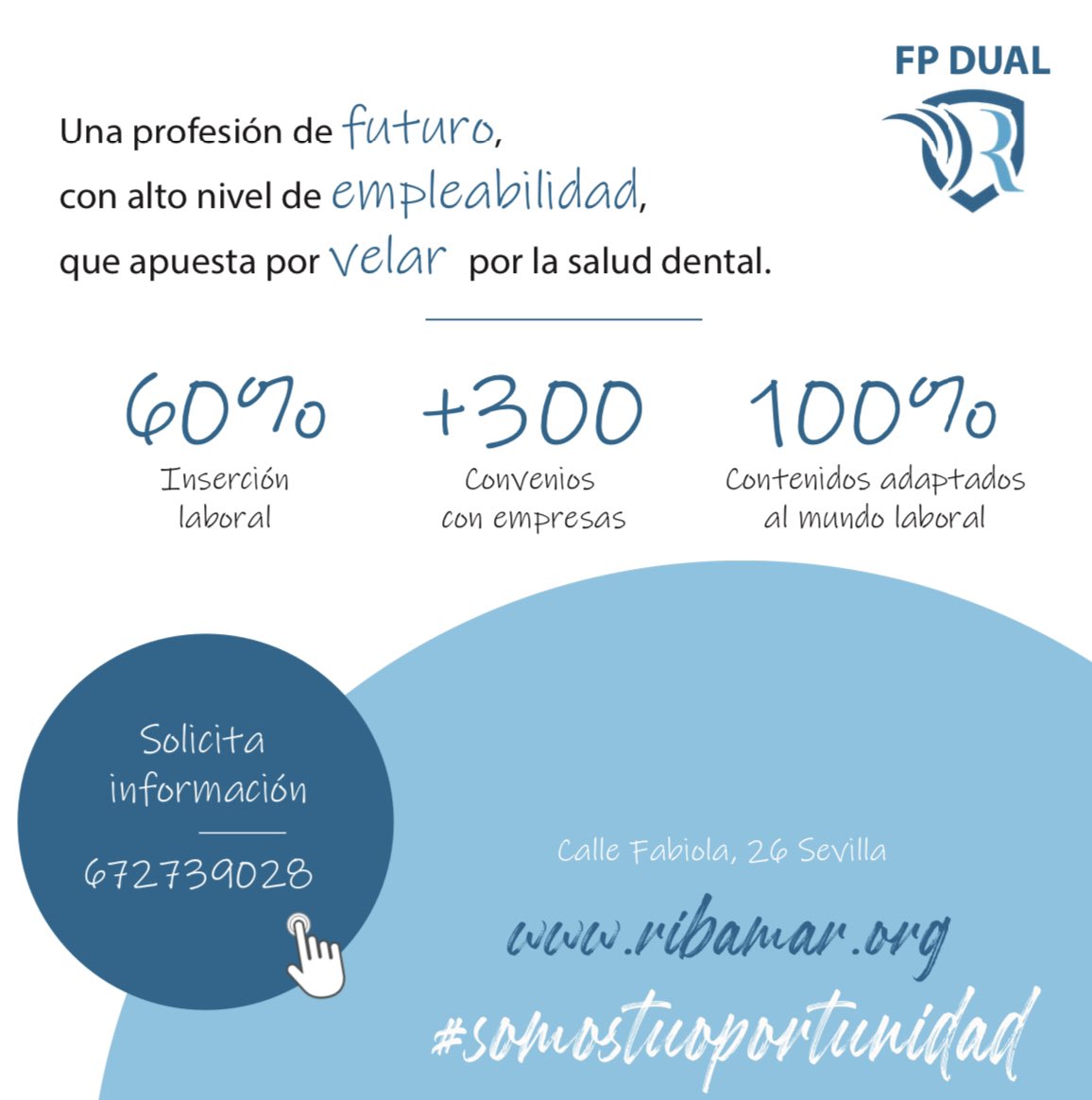 Tu oportunidad laboral a un solo paso, en pleno centro de Sevilla, con un alto nivel de inserción laboral, formación práctica y modalidad Dual. La formación que andas buscando está en Ribamar #fp #fpdual #ciclosformativos #empleabilidad #higienebucodental #matriculaabierta