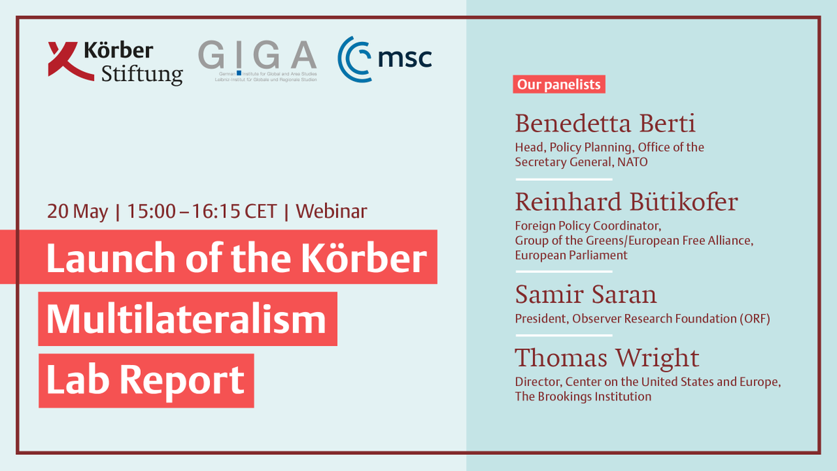 GIGA_Institute's tweet photo. 📽️Video online! In case you missed the launch of our #GIGA & @KoerberIP #MultilateralismLab report “Making it Matter” and the vivid debate about the future of #multilateralism as part of @MunSecConf’s #roadtomunich https://t.co/o9OGX5pVXf @AmritaNarlikar @MuellerNora @RugeBoris https://t.co/LDRhCqr33J