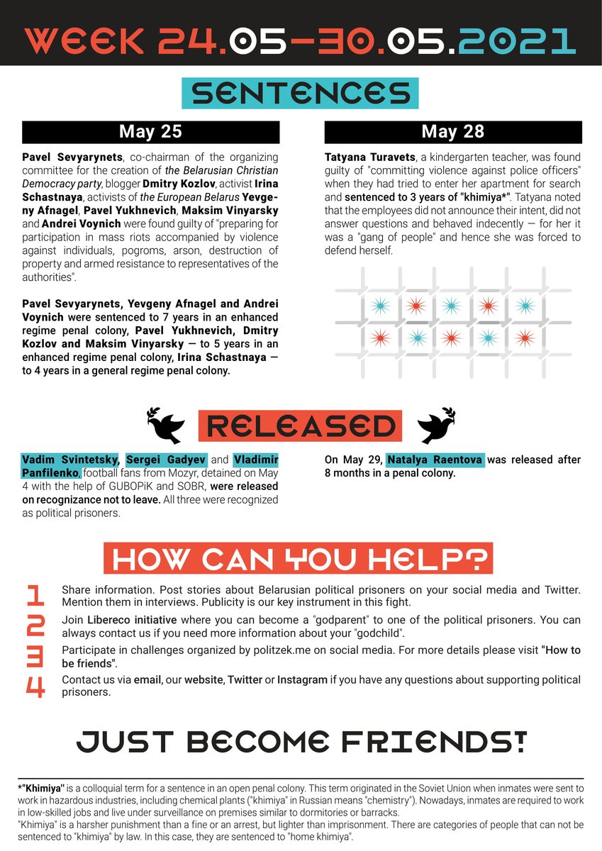 49 more people are recognized as political prisoners, kindergarten teacher sentenced to 3y of "khimiya" for "committing violence against police officers", and a metal spoon was swallowed by a detainee to receive long-needed medical assistance. How to help?Read our digest #Belarus