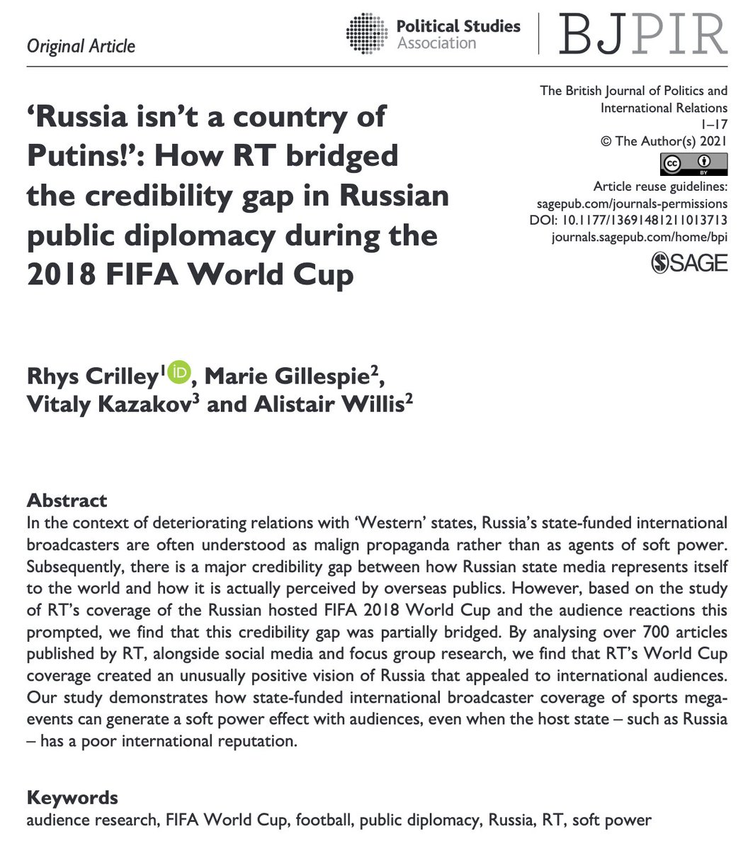 rhyscrilley's tweet photo. 💥New publication💥

⚽ How did Russia represent the 2018 FIFA World Cup to international audiences?

🗯️ How did these audiences respond?

@MarieBGillespie, @VitalyKaz, @undercertainty, &amp; I explore these questions in @BritJPIR 👇

https://t.co/lUta61nTkm https://t.co/n2Uovch7kx