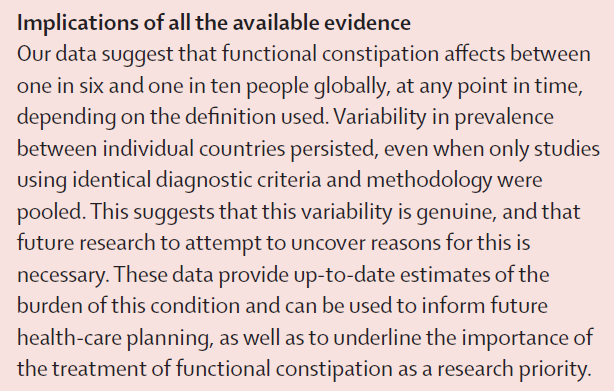 New research - Barberio et al - Global prevalence of functional constipation according to the Rome criteria: a systematic review and meta-analysis

thelancet.com/journals/langa…

#constipation #gitwitter <a href="/bribarberio/">Brigida Barberio</a> <a href="/DrCJudge/">Ciaran Judge</a> <a href="/EdoardoSavarino/">Edoardo Savarino</a> <a href="/alex_ford12399/">Alexander Ford</a>