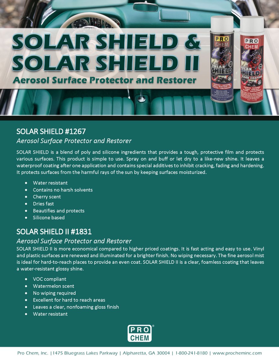 ProChemInc's tweet photo. Protect &amp; restore your fleet with Solar Shield and Solar Shield II. The products provide a tough, protective film &amp; protect various surfaces, leaving your fleet looking like new! Works great on vinyl interior, bumpers and much more.
https://t.co/f01OfqBlj3
https://t.co/jteAKbajs9 https://t.co/JQoHAthbYe