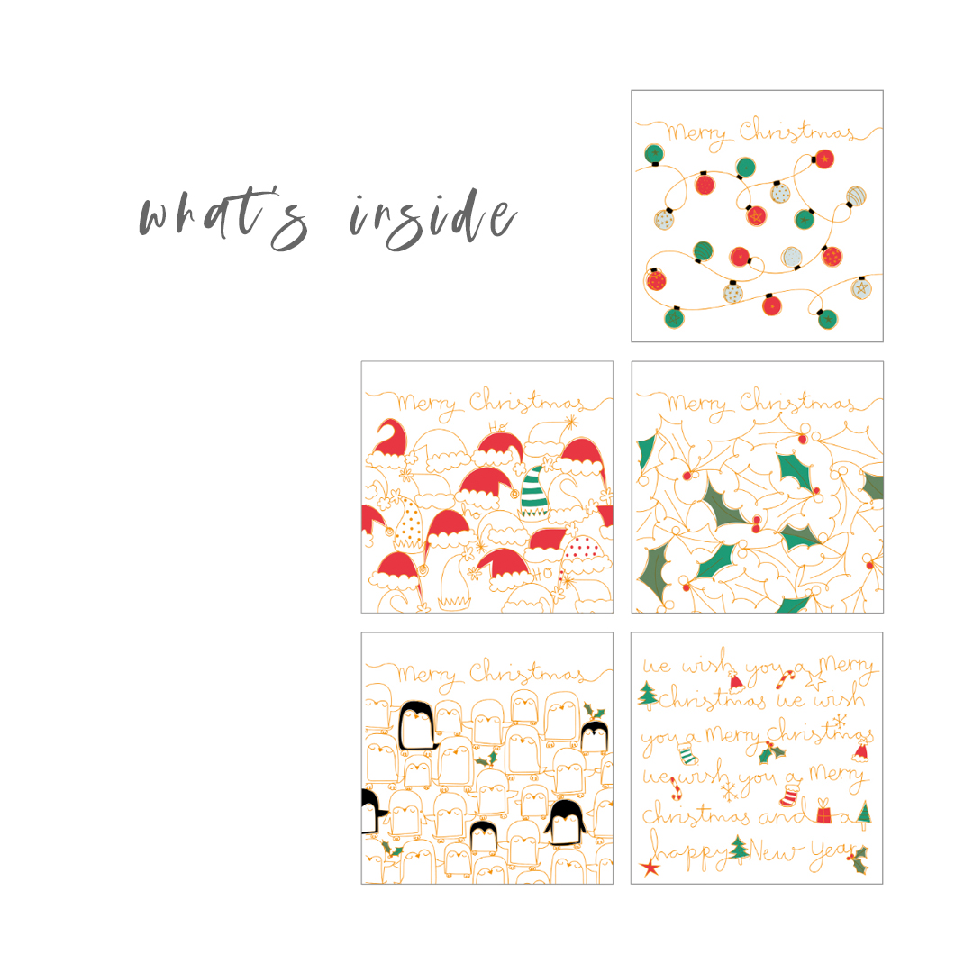 *New for 2021!*
Limited edition hand-illustrated #Christmas greeting cards from our Mobius collection. Each pack contains ten cards (two of each design) printed on board made from 100% post-consumer waste. Perfect for the eco-conscious consumer.