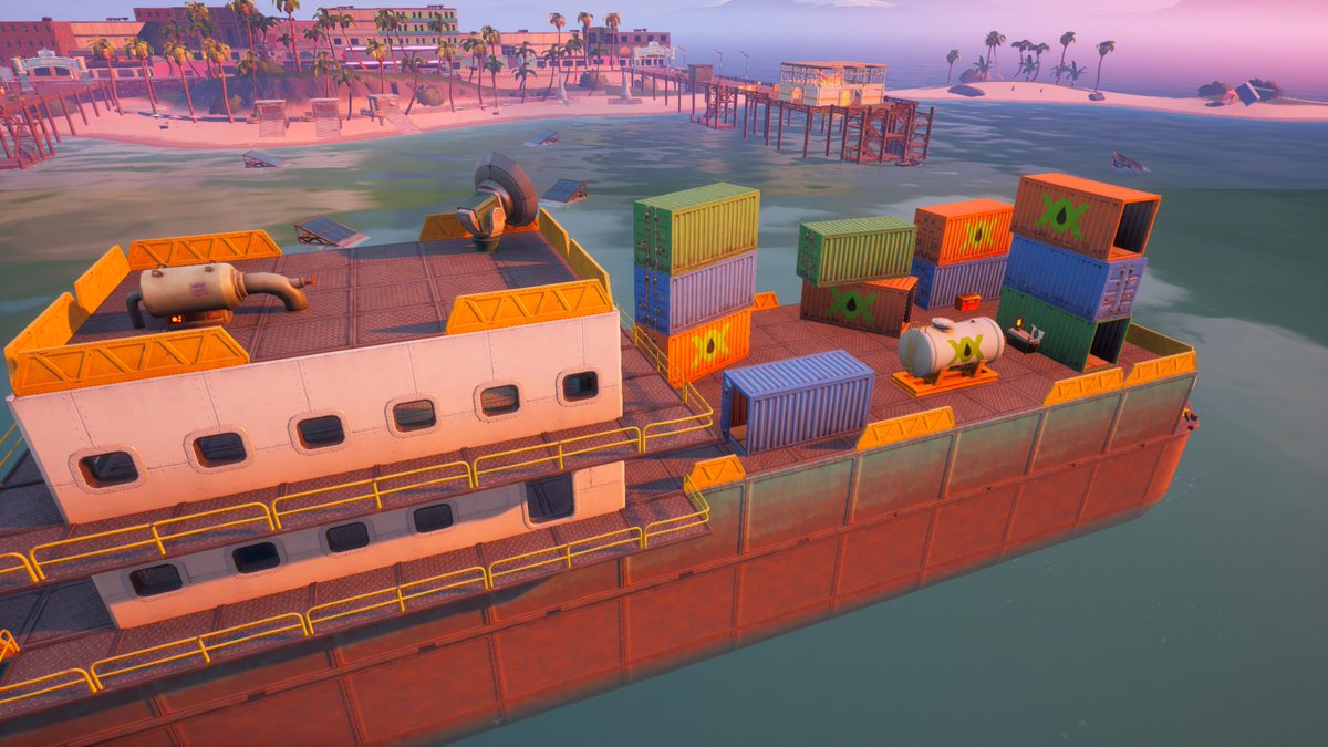 zbird8596's tweet photo. The shipping container boat is one of three entry points you can chose in Pier Pressure: Food Fight! #FortniteCreative #SummerCreative @FNCreate https://t.co/5rkMjKzNS4
