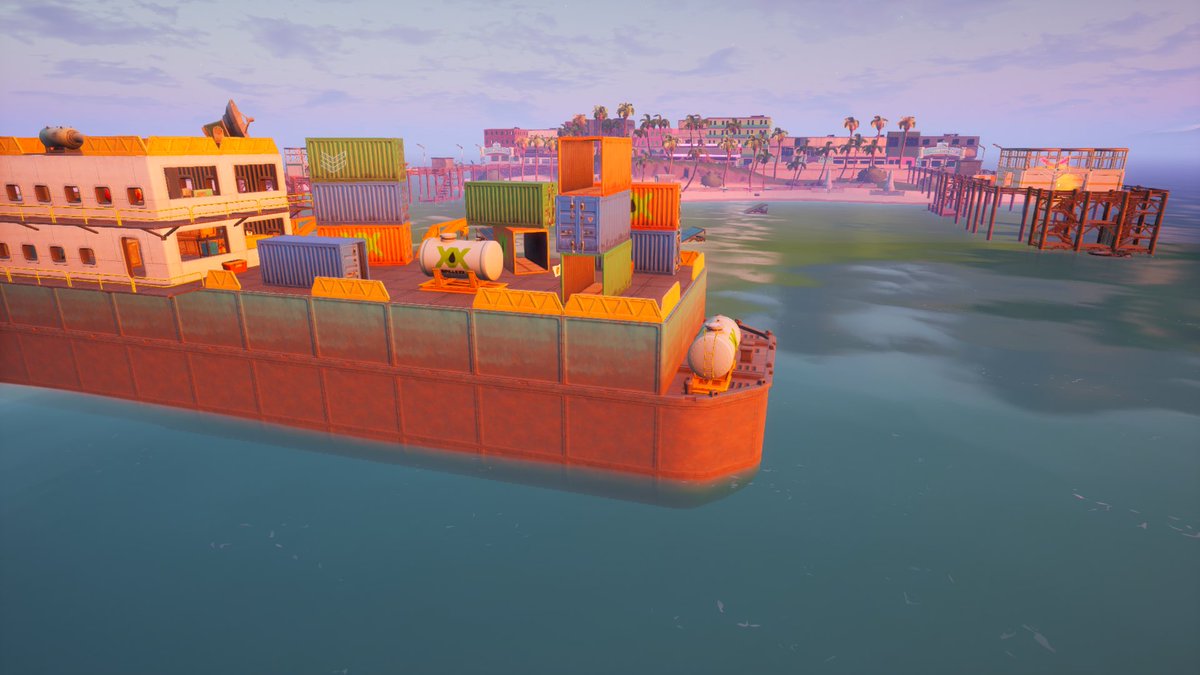 zbird8596's tweet photo. The shipping container boat is one of three entry points you can chose in Pier Pressure: Food Fight! #FortniteCreative #SummerCreative @FNCreate https://t.co/5rkMjKzNS4