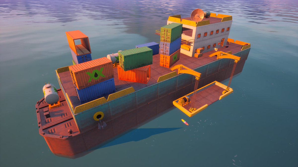 zbird8596's tweet photo. The shipping container boat is one of three entry points you can chose in Pier Pressure: Food Fight! #FortniteCreative #SummerCreative @FNCreate https://t.co/5rkMjKzNS4
