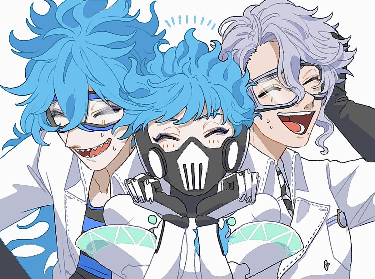 multiple boys male focus sharp teeth 3boys blue hair mask teeth  illustration images