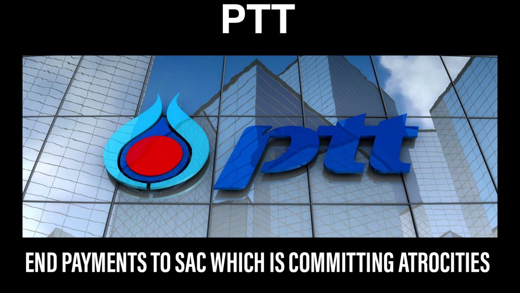 Our people requesting <a href="/pttplc_official/">PTT Public Company Limited</a> suspend natural gas payments to terrorists military. We have lost our human rights since Feb 1.If you don't stop funding, your company is said to be sponsor of Terrorsists Genocide !!
#PTT_EndPaymentToSAC