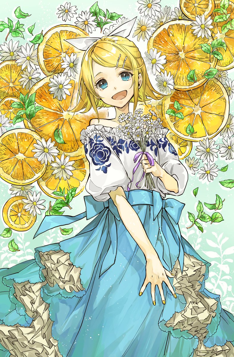 kagamine rin 1girl flower blonde hair solo skirt fruit food  illustration images