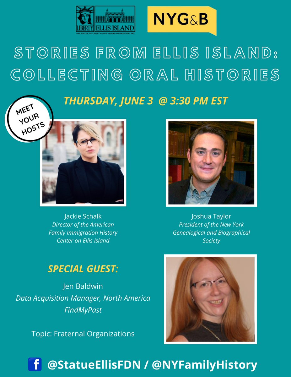 Stories from Ellis Island returns! Join us Thursday, 6/3 for an exciting chat with special guest Jen Baldwin! Jen is the Data Acquisition Manager (North America) for <a href="/findmypast/">Findmypast</a>! This week's topic will be Fraternal Organizations. Join us 3:30PM EST Facebook.com/StatueEllisFdn 🗽