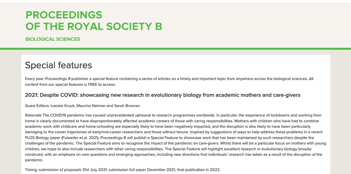 Anna Hargreaves (@annalhargreaves) on Twitter photo Now this is action (pls RT):
Proc B is doing a Special Feature āDespite COVID' to showcase research by academic mothers / care-givers whose research (evolutionary biology, broadly construed) has been affected by the pandemic
deadline for proposal July 31
royalsocietypublishing.org/rspb/special-f⦠Now this is action (pls RT):
Proc B is doing a Special Feature āDespite COVID' to showcase research by academic mothers / care-givers whose research (evolutionary biology, broadly construed) has been affected by the pandemic
deadline for proposal July 31
royalsocietypublishing.org/rspb/special-fā¦