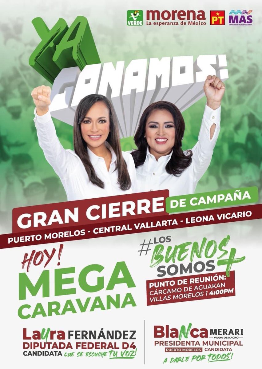 ¡Llego el momento! Vamos con todo rumbo a nuestro cierre de campaña, ahí nos vemos! 
🤜🏼🤛🏼

Estamos a unos días del triunfo y de hacer historia con #ADarlePorTodos y #QueSeEscucheTuVoz en #PuertoMorelos #LeonaVicario #CentralVallarta y #Delirios. 
#SomosMásLosBuenos. ¡Ya ganamos!