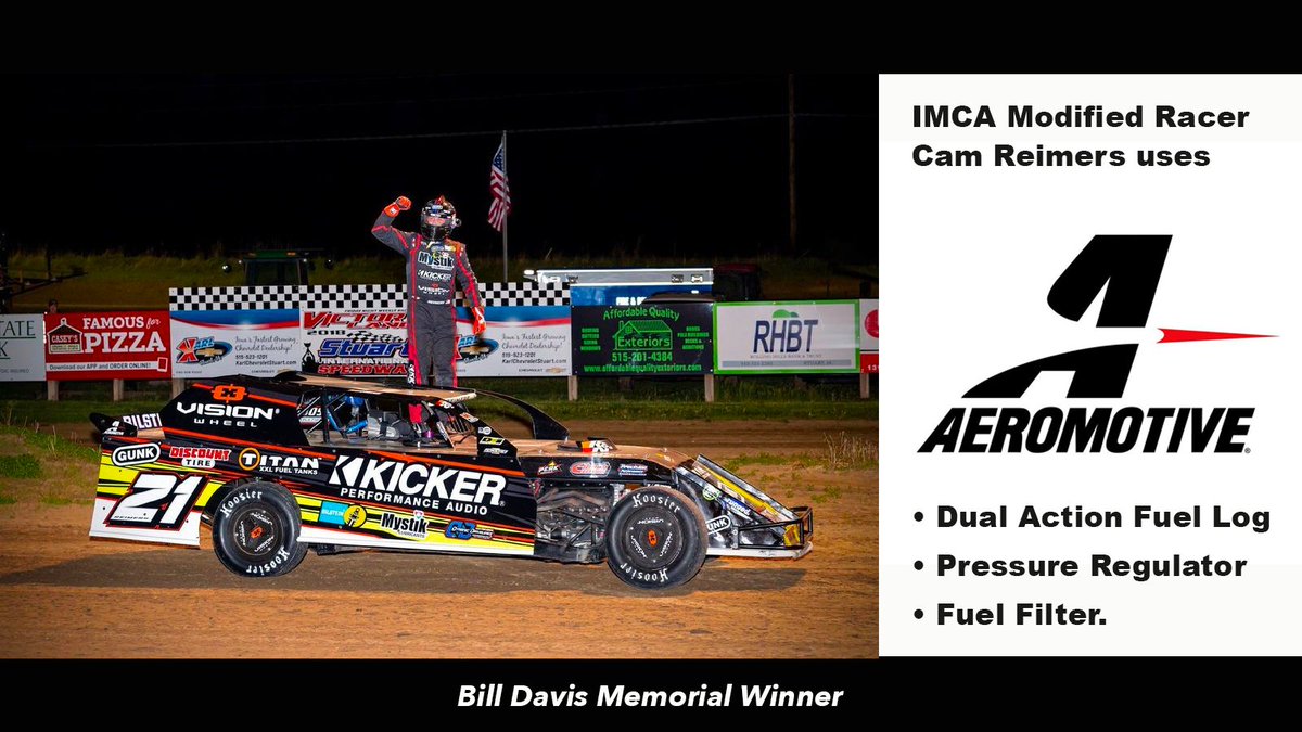 Congratulations to Cam Reimers, one of the #aeromotivefueled dirt track racers in the IMCA Modified class for winning last month's Bill Davis Memorial. Dealers look to Motor State for all  Aeromotive Fuel System needs. motorstate.com
#aeromotivefuelsystems #circletrack