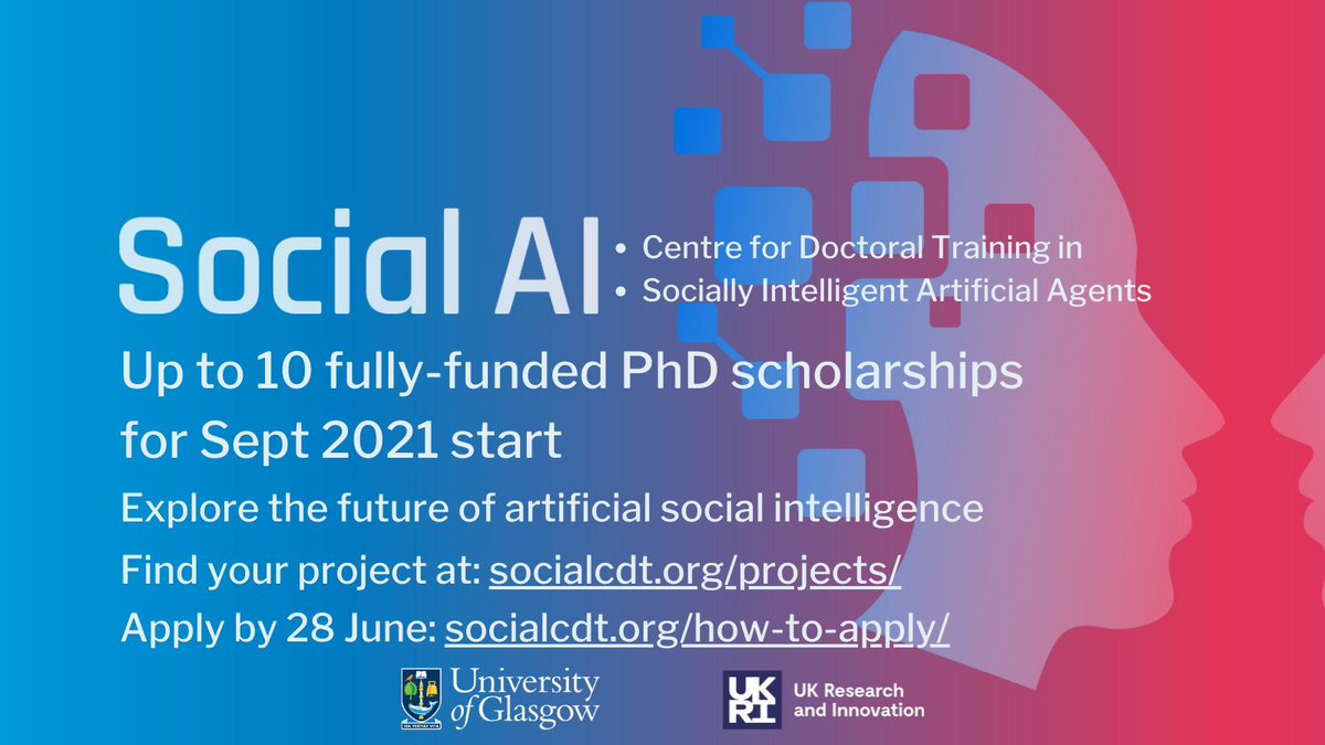 We are offering up to 10 fully-funded #PhDs in social #AI <a href="/UofGlasgow/">University of Glasgow</a> for excellent graduates in the UK and internationally

Explore our supervisory team: socialcdt.org/people/

Select 3 projects: socialcdt.org/projects/

Apply by 28 June: socialcdt.org/how-to-apply/