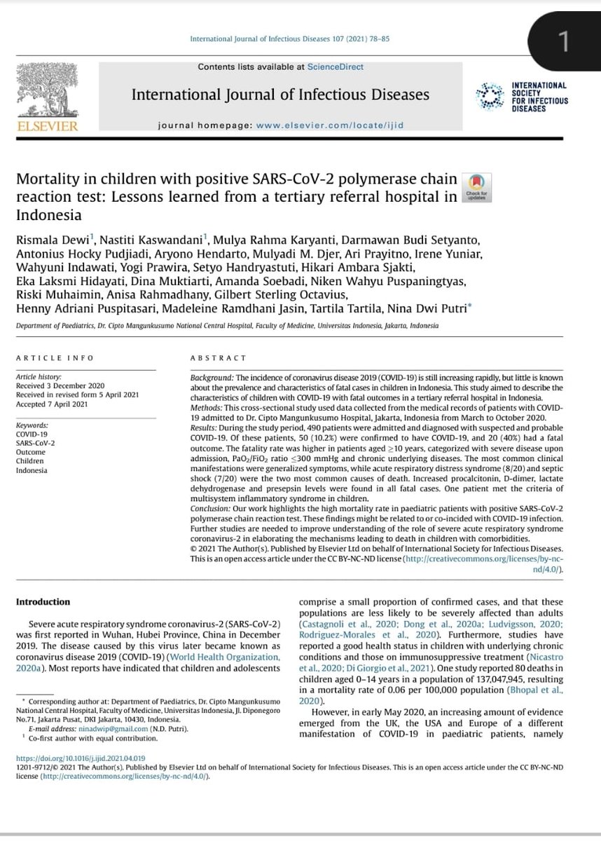 Studi FKUI RSCM published di  jurnal Q1 SJR 1.28, 40% pasien anak yg positif Covid-19 meninggal,terjadi pada anak umur >10 thn dgn komorbid terutama penyakit ginjal, pasien dtg terlambat,dtg dgn severe Covid-19,anak2 dgn komorbid ttp risiko tinggi utk kematian
<a href="/infosehatfkui/">infosehatfkui</a>