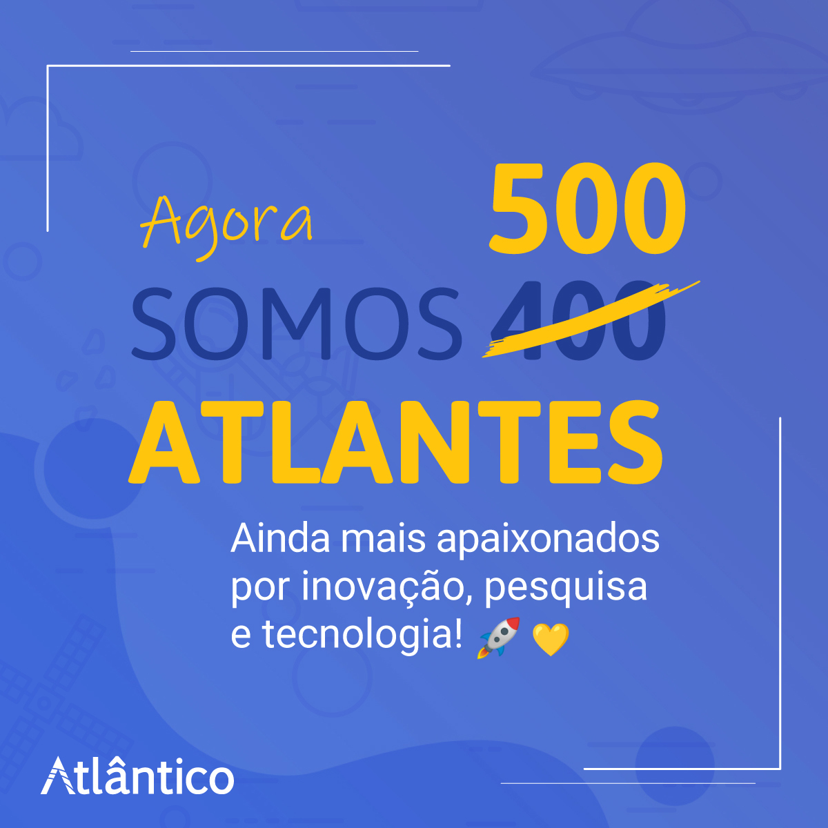 Começamos 2021 com um time de 400 colaboradores e em menos de seis meses chegamos a 500 Atlantes!
Somos um time cada vez mais forte em busca do mesmo objetivo: trabalharmos juntos pela inovação, pesquisa e desenvolvimento.

#institutoatlântico #teamatlantes #tech #atlântico