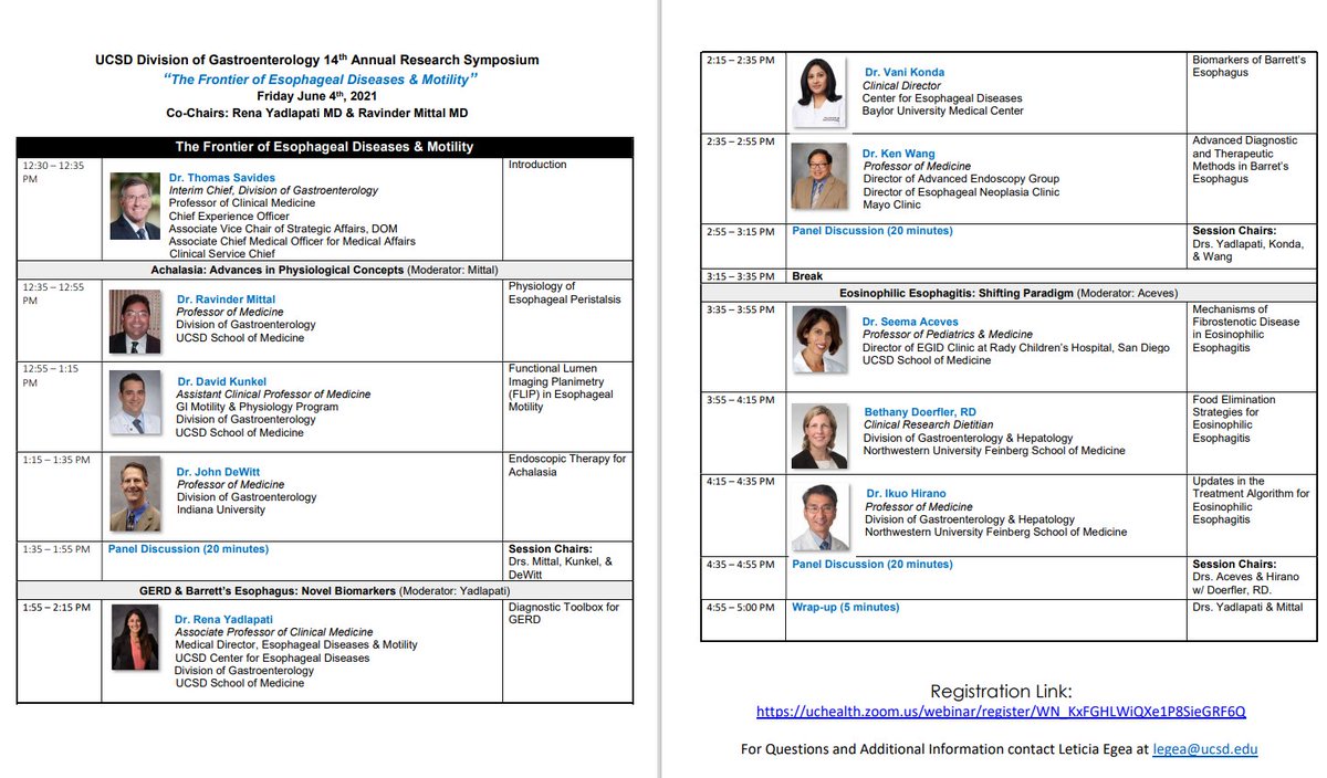 Esophageal Research Symposium @UCSD_GI highlighting the latest on achalasia, #GERD, EOE, Barrett's esophagus on June 4th just a few days away. Don't forget to register! uchealth.zoom.us/webinar/regist…