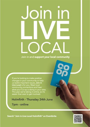 We're celebrating Coop Fortnight with a Join in Live Local event. Please join us online to support our community and find out what your <a href="/coop/">Mike Cooper</a> is doing in #holmfirth. Book your free ticket here eventbrite.co.uk/e/join-in-live…