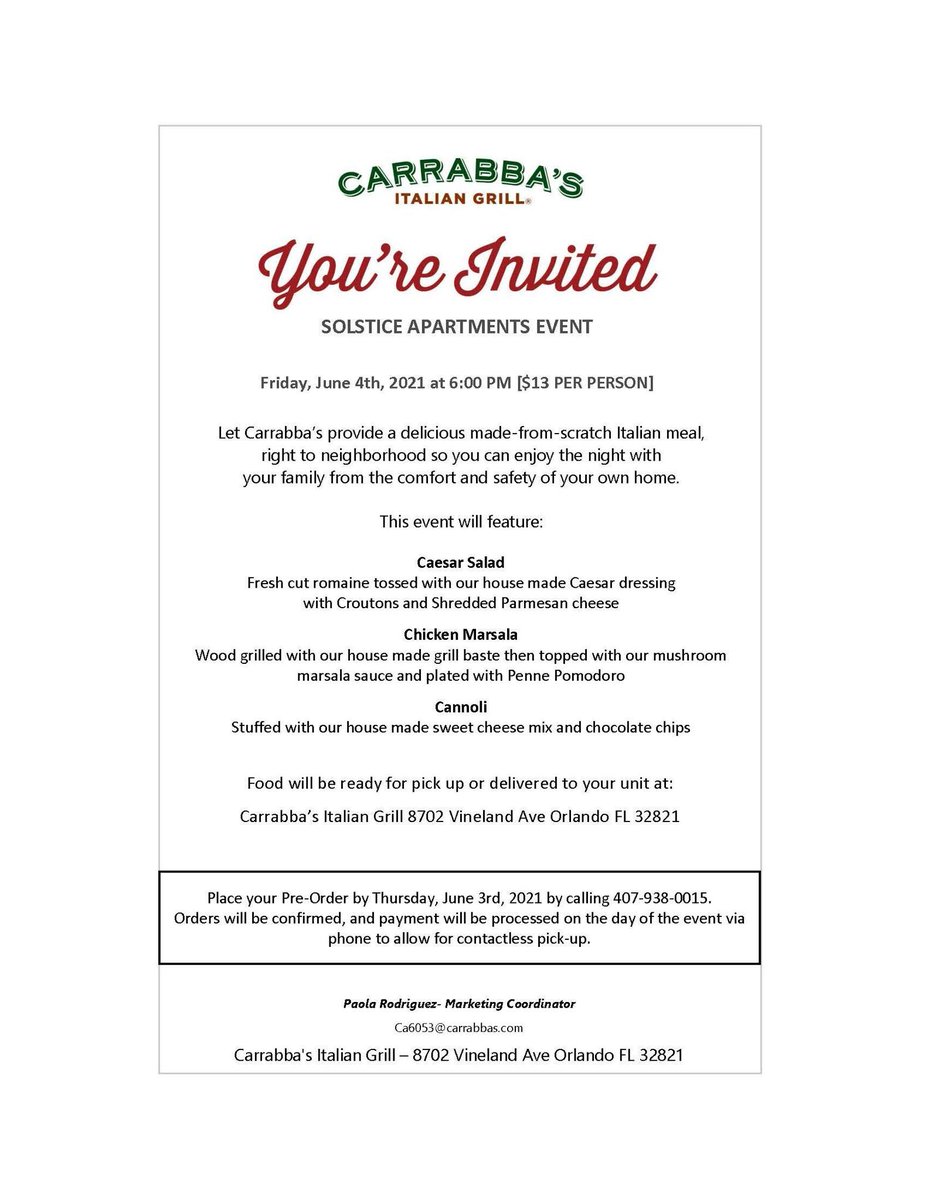 SolsticeOrlando's tweet photo. Carrabba's will be hosting a grab and go at Solstice on Friday, June 4th at 6PM. Additional details are posted on the body of the flyer. **Place your Pre-Order by Thursday, June 3rd, 2021 by calling 407-938-0015. Orders will be confirmed, and payment will be processed on the... https://t.co/AboBLGj5bC