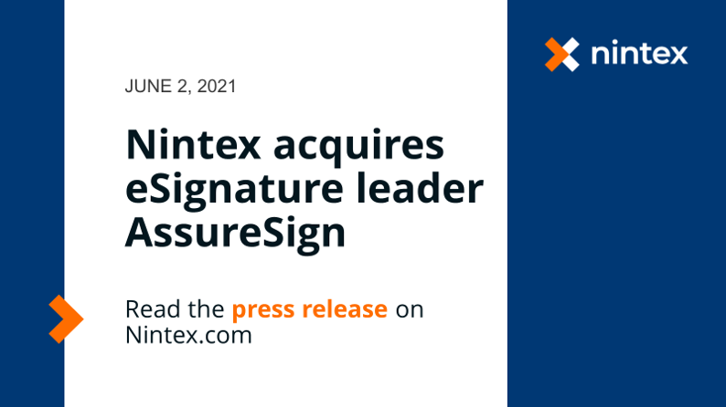 Nintex's tweet photo. [NEWS] Nintex acquires AssureSign to bring native #eSignature capability to the Nintex Process Platform. https://t.co/aBTFXXgRSa #eSign #acquisitions #digitaltransformation #processautomation #digitalbusinessplatform #technews https://t.co/osr7i1c4jV