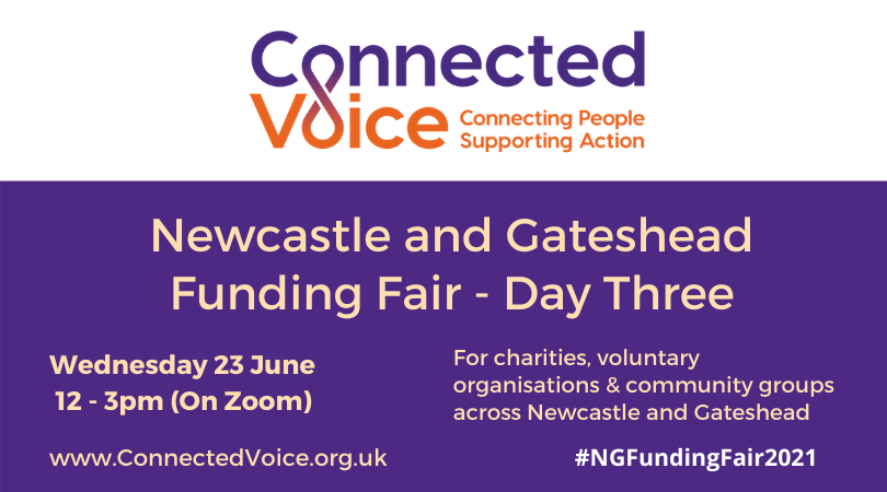 The #NGFundingFair2021 is the biggest event in our calendar, taking place over 3 days this event is not to be missed!

Day Three (23 June, 12-3pm) welcomes:
CLLD Newcastle / North of Tyne
The Newcastle Fund
@VMGiving 
Henry Smith Charity

Register free at:
connectedvoice.org.uk/events/newcast…