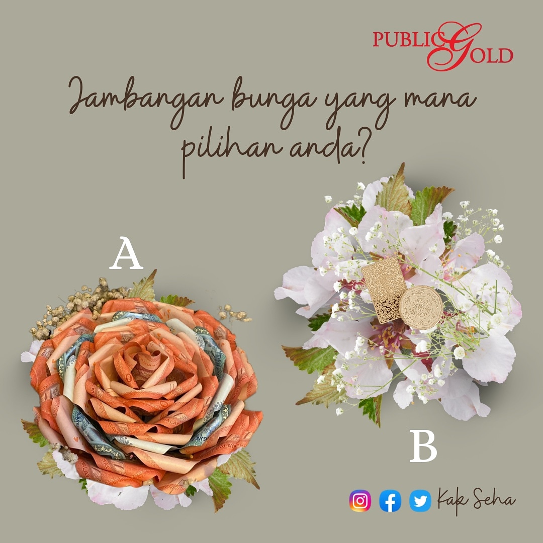 Bride-to-be, if you are smart, choose B.

Groom-to-be, if you truly love her, choose B.

Sama harga. Lain nilai.

Fahamkan itu.

#giftofhappiness
#meaningfulgift
#hadiahemas
#weddingplannermalaysia 
#nikah
#mahar 
#bridalbouquetmalaysia