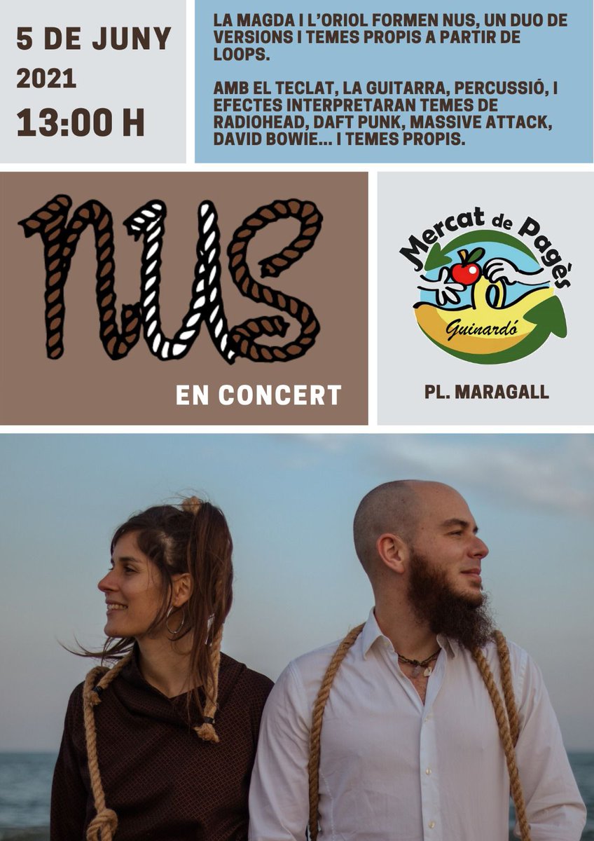 👐 Els Mercats de Pagès també son cultura, i el pròxim dissabte 5 de Juny a Guinardó tenim dues ofertes que no us podeu perdre!!
🔸Exposició Canvi Climàtic, els efectes del consum.
🔸Concert a càrrec de NUS.

I tots els productes agroecològics habituals!! 🍒🥑🍅🥬

🥰T'hi esperem