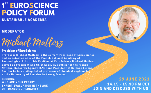 EuroScience's tweet image. 📢 Prof. Michael Matlosz, President of EuroScience will be moderating the panel "Who are your peers? Expert evaluation in the age of transdisciplinarity" on the 29th June❗
🗯️Discuss with us ONLINE!
REGISTER 👉ow.ly/WhlY50EWuf7
More Information 👉 bit.ly/3yHotzK