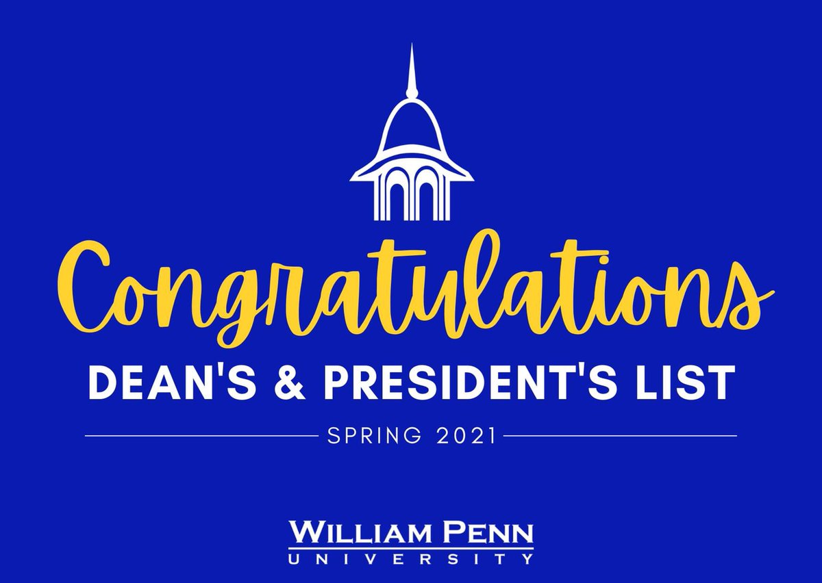 WilliamPennU's tweet photo. Congratulations to the students who achieved the President's and Dean's lists for the Spring 2021 semester! 

🔹 President's List: https://t.co/pZM1r6msl9
🔹 Dean's List: https://t.co/Dd5F6298dT https://t.co/SZS5TKTzOn