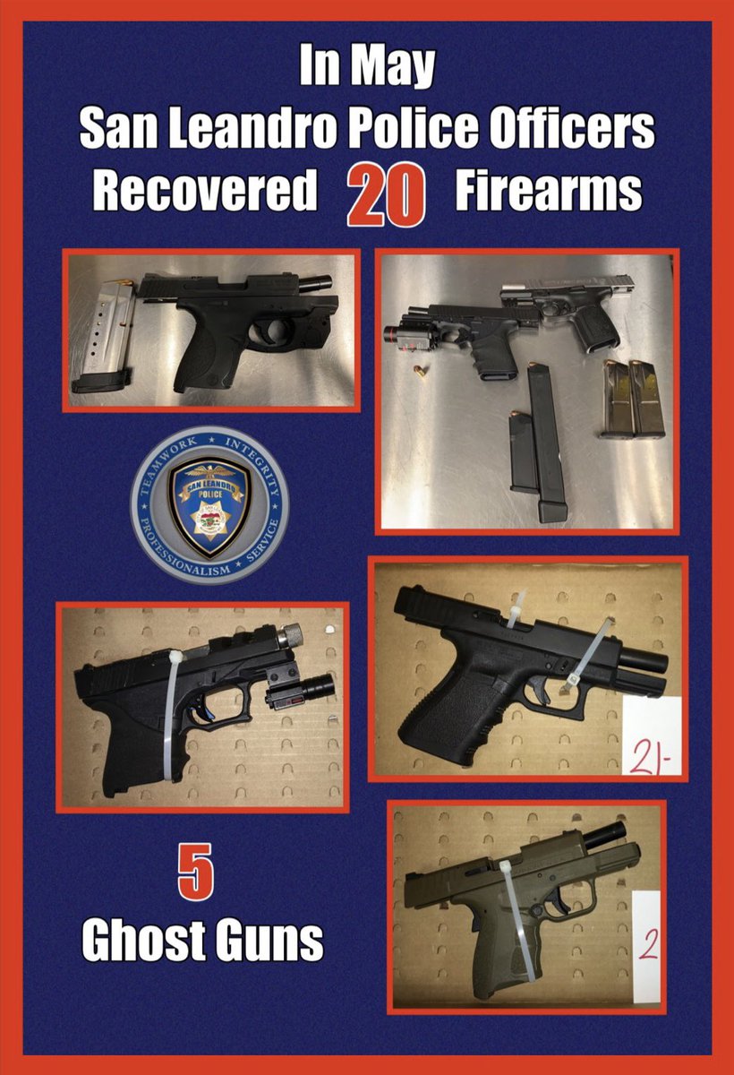 🚨San Leandro Police Officers Recovered 20 Firearms in May from various investigations.  5 of the firearms recovered were “Ghost Guns.”
SLPD is #Proud2serve our #sanleandro #community &amp; committed to keeping San Leandro Safe.
#anothergunoffourstreets