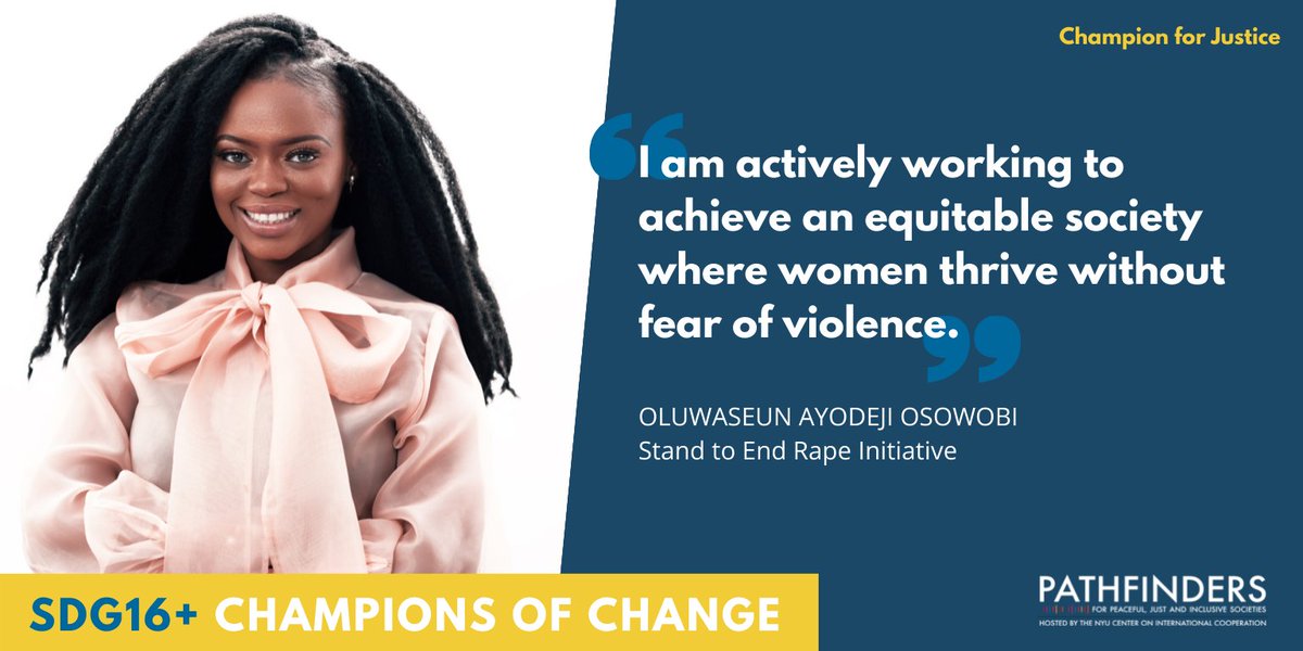 Pathfinders (@sdg16plus) on Twitter photo "I am most proud of how the services we provide change the lives and conditions of the clients." #JusticeForAll champion, <a href="/AyodejiOsowobi/">Oluwaseun Ayodeji Osowobi-Oluwabiyi</a> founded <a href="/StandtoEndRape/">S.T.E.R Initiative</a> to help survivors of sexual and gender-based violence in #Nigeria.
How she does it: link.medium.com/56gopQvDJgb "I am most proud of how the services we provide change the lives and conditions of the clients." #JusticeForAll champion, <a href="/AyodejiOsowobi/">Oluwaseun Ayodeji Osowobi-Oluwabiyi</a> founded <a href="/StandtoEndRape/">S.T.E.R Initiative</a> to help survivors of sexual and gender-based violence in #Nigeria.
How she does it: link.medium.com/56gopQvDJgb