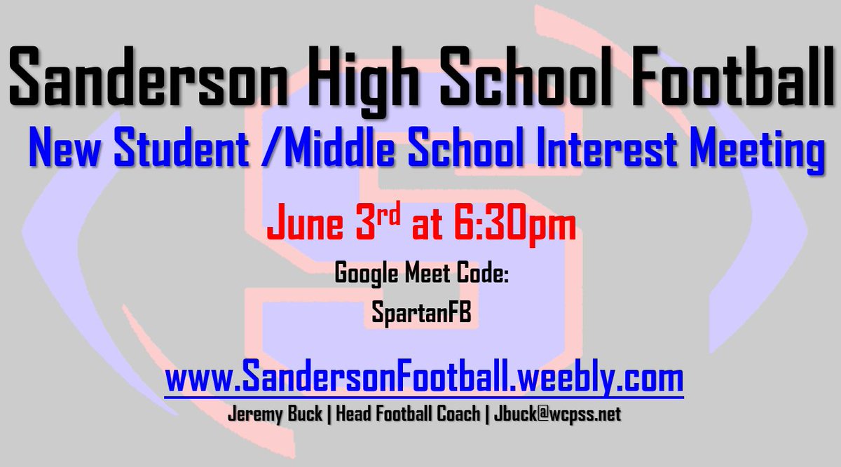 SandersonFB's tweet photo. ALERT:  New Students &amp; Rising Freshman interested in playing football at Sanderson next fall are encouraged to attend a virtual meeting tomorrow (6/3) @ 630pm

@CMMSCougars 
@WestMillbrook 
@EMMMSCougars 
@LRMSPride 
@ligonmiddle 
@oberlinmiddle https://t.co/3fZaqJkoIE