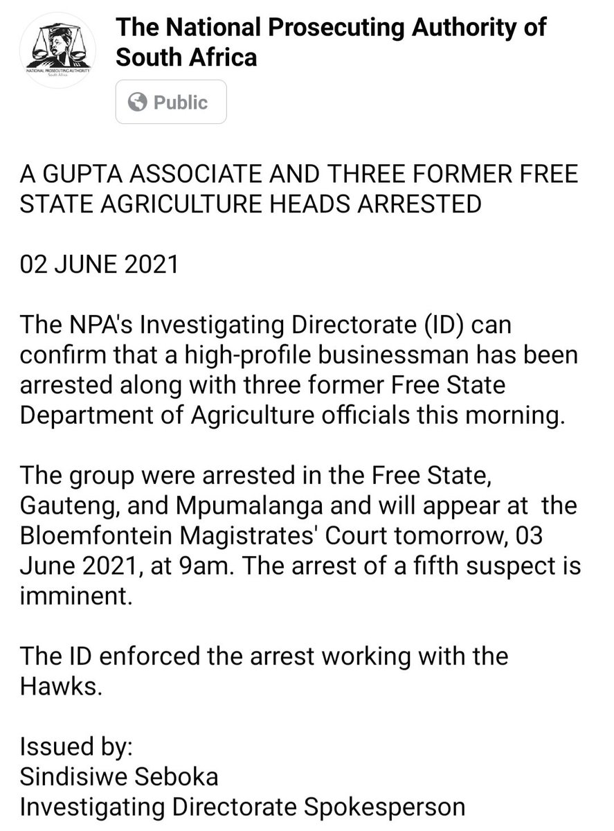 NPA_Prosecutes's tweet photo. ID: A businessman and three former FS Department of Agriculture officials linked to state capture allegations, have been arrested and will appear in court tomorrow.
#DealingWithCorruption
#DealingWithStateCapture https://t.co/6WsgIFGPII
