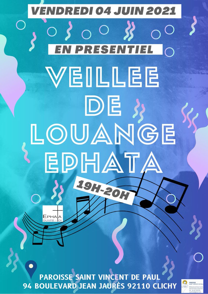 StVincentClichy's tweet photo. Bonjour à tous ! Le groupe Ephata vous invite à louer le Seigneur pour l’année écoulée, avec ses hauts et ses bas. Venez offrir tout ce que vous avez de plus cher au Seigneur. VENDREDI 04 JUIN DE 19H À 20H À SVP. https://t.co/YCgPpcmRJL