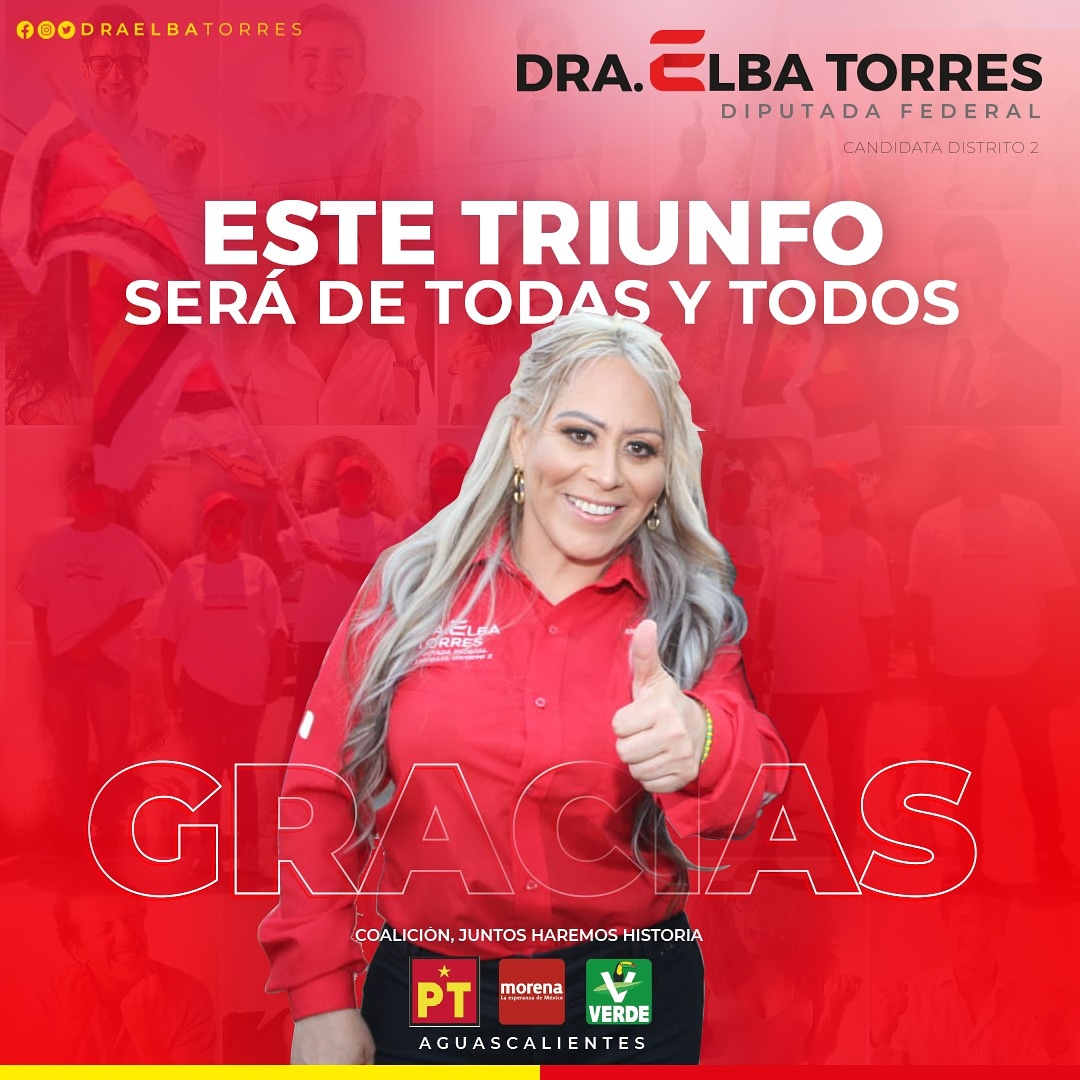 DraElbaTorres's tweet photo. Con tu voto ganas tú y ganamos todas y todos 👍🏼💪🏻
Sigamos transformando el rumbo de Aguascalientes, ¡ESTE CAMBIO YA NADIE LO DETIENE!

¡MI COMPROMISO ES TU BIENESTAR! #DoctoraElbaTorres #Candidata #Distrito2 #ElPTEstáDeTuLado #PT #Morena #PartidoVerde #PonteLaGorra https://t.co/oBPQxjtudA