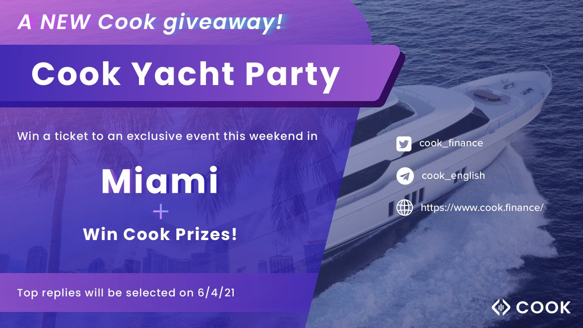 cook_finance's tweet photo. ‼️Yacht Party #giveaway‼️🛳
Win a ticket to a Cook party in Miami + other hot prizes🔥👩‍🍳💯

To Enter: Follow us, retweet this post and reply why you should win &amp; tag 2 people who you'd bring w/ you👇

Win Cook Prizes🥳: 
1 x Exclusive Ticket  
3 x VIP Gift Bags
10 x Sunglasses https://t.co/nE24zDzafS
