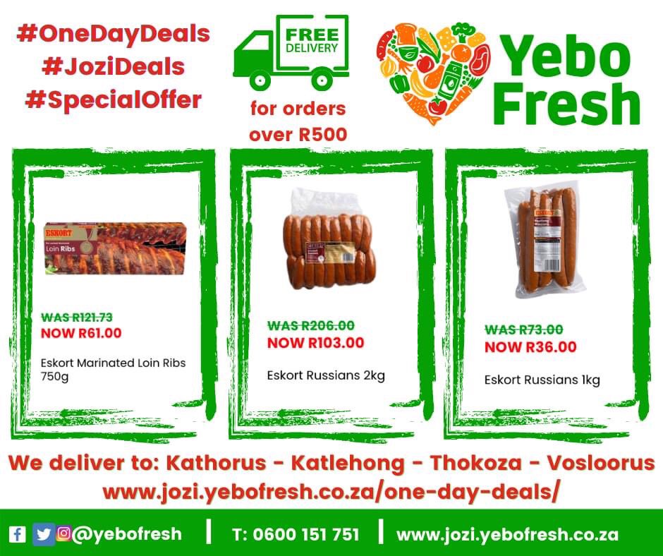 yebofresh's tweet photo. #OneDayDeal
Unbelievable SPECIALS 4 Jozi🎉
Order before 12pm tomorrow - we deliver to your door on Friday🤟🏽 Enjoy an awesome Braai this weekend 🙌🏽
https://t.co/4jksm93Kmo
#jozilife #jozishoppers #jozispecials #oneday #onedayonlysale #doortodoor #kathorus #yebo #yebofresh https://t.co/kqB1v4ECfI