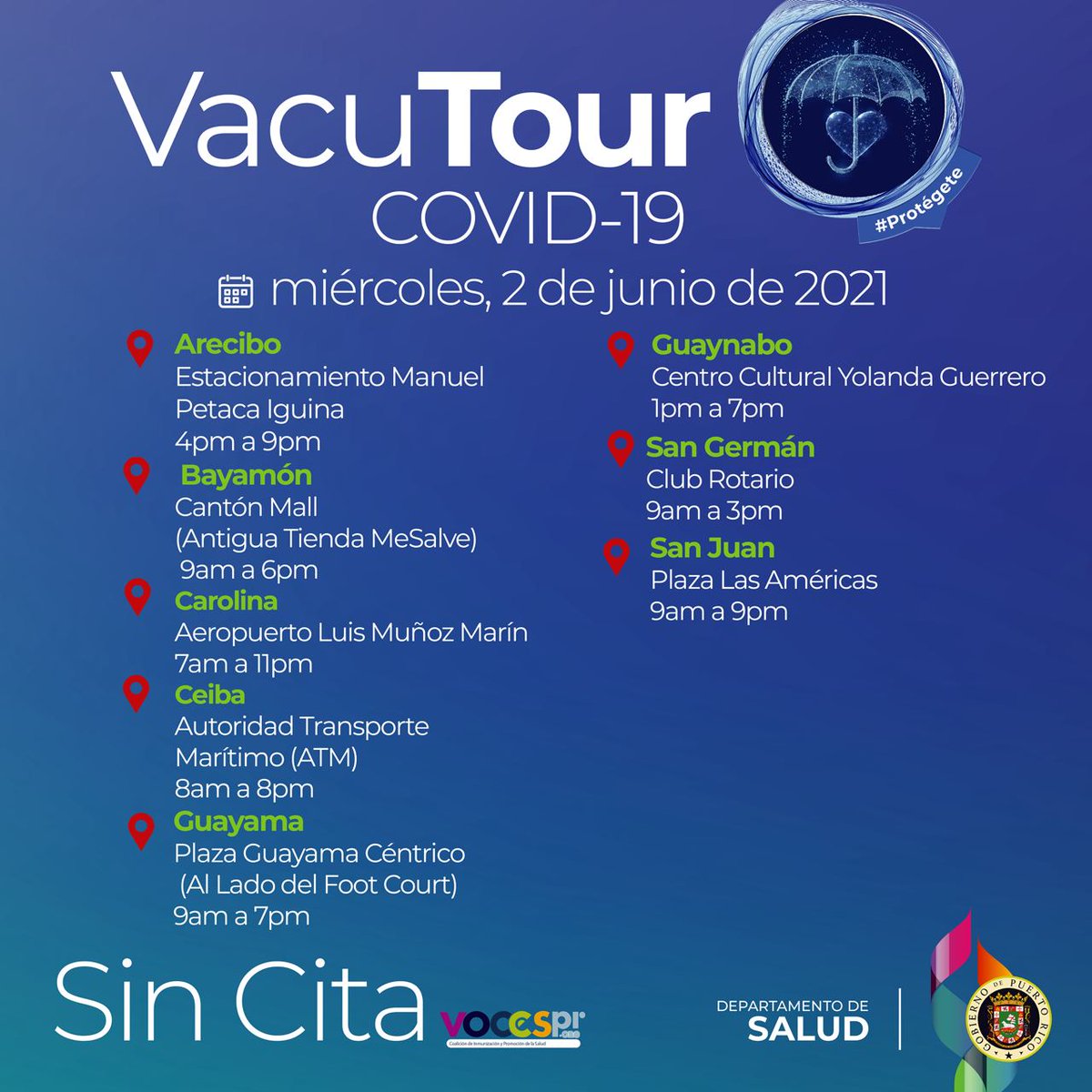desaludpr's tweet photo. Hoy el #VacuTour visita las siguientes localidades. 

¡Vacunarse es la respuesta! Por ti, por los tuyos, por Puerto Rico. #ProtégeteVacúnate #TeQueremosSano https://t.co/3L73mpbFyy