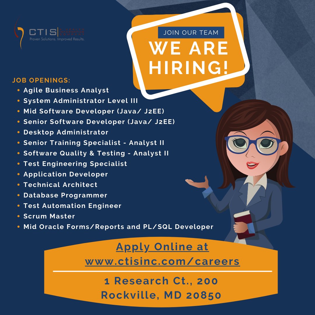 CTISInc's tweet photo. We are #Hiring! CTIS is committed to the development and design of IT solutions that advance the capabilities of the healthcare system. Lead the evolution of informatics and health research. Apply online at https://t.co/ISIjjjncip #HealthIT #CareerOpportunities https://t.co/oVinbADLZh