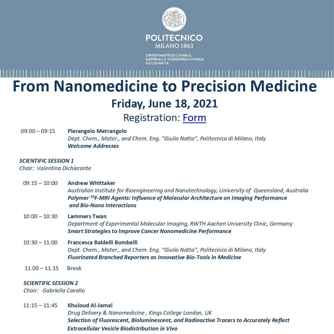 SupraBioNano Lab (@suprabionanolab) on Twitter photo SAVE THE DATE: JUNE 18📢
How can diagnosis be more accurate and therapies more targeted?
<a href="/PierMetra/">Pierangelo</a>, <a href="/Frances79313288/">Francesca Baldelli</a>, @Gabriel37998898 and many more will address the question during the symposium "From Nanomedicine to Precision Medicine"
More info at indico.chem.polimi.it/event/31/ SAVE THE DATE: JUNE 18📢
How can diagnosis be more accurate and therapies more targeted?
<a href="/PierMetra/">Pierangelo</a>, <a href="/Frances79313288/">Francesca Baldelli</a>, @Gabriel37998898 and many more will address the question during the symposium "From Nanomedicine to Precision Medicine"
More info at indico.chem.polimi.it/event/31/