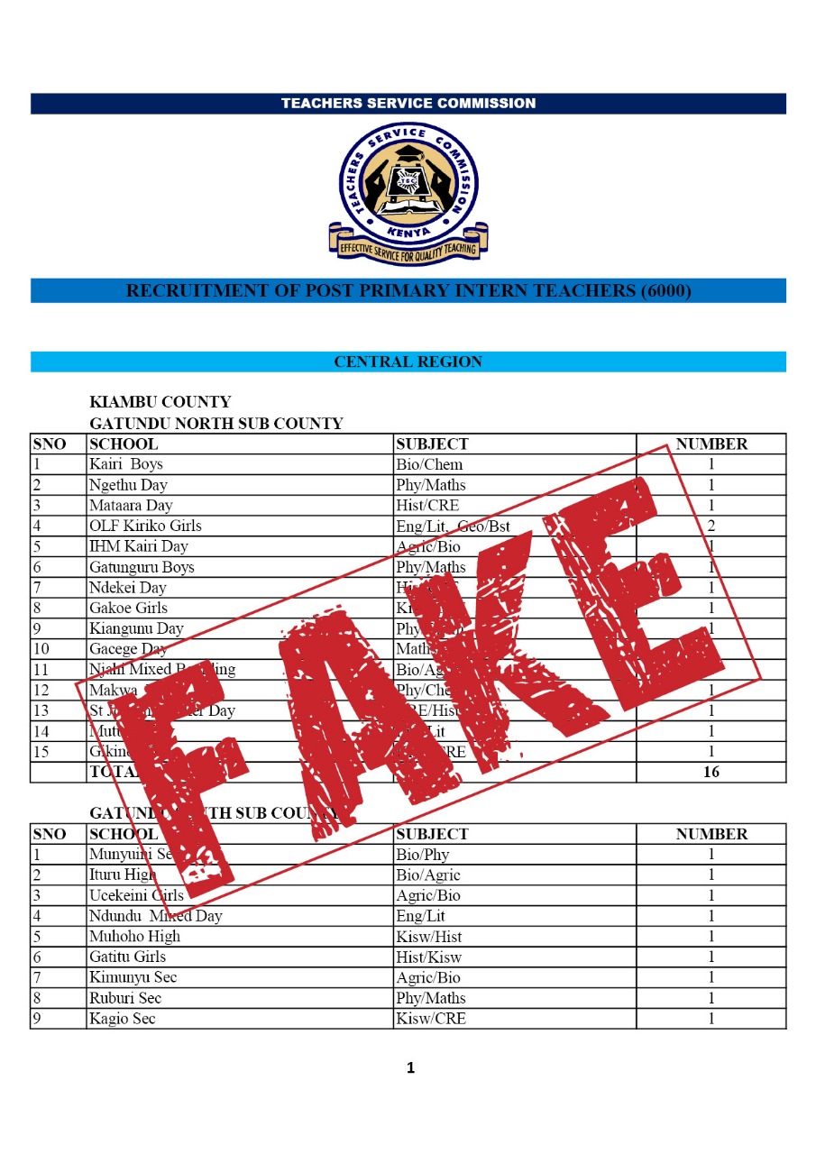 The fake list of advertised TSC internship vacancies.