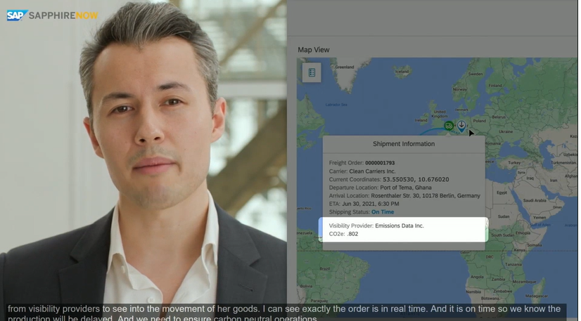 holgermu's tweet photo. And #EamonIda closes the #IntelligentNetwork demo with ... the #CarbonFootprint at the bottom of the shipment confirmation. #SapphireNow https://t.co/h9Zotowzq4