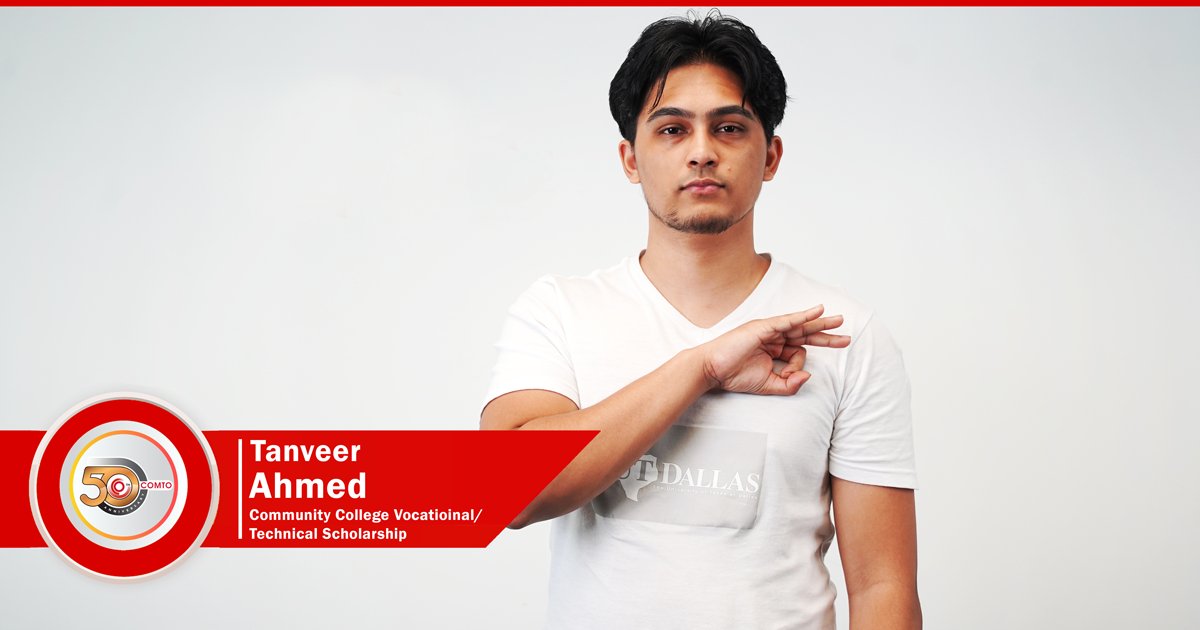 COMTOHouston's tweet photo. Please join us, as we recognize Tanveer Ahmed, winner of the Community College Vocational/Technical Scholarship at our Virtual 12th Annual Shirley A. DeLibero Scholarship Event &amp; Fundraiser at 12 p.m., Thursday, June 3, 2021. 
Registration: 
https://t.co/qEwa0ZOhAK 

#comto https://t.co/a5AOiAKUue