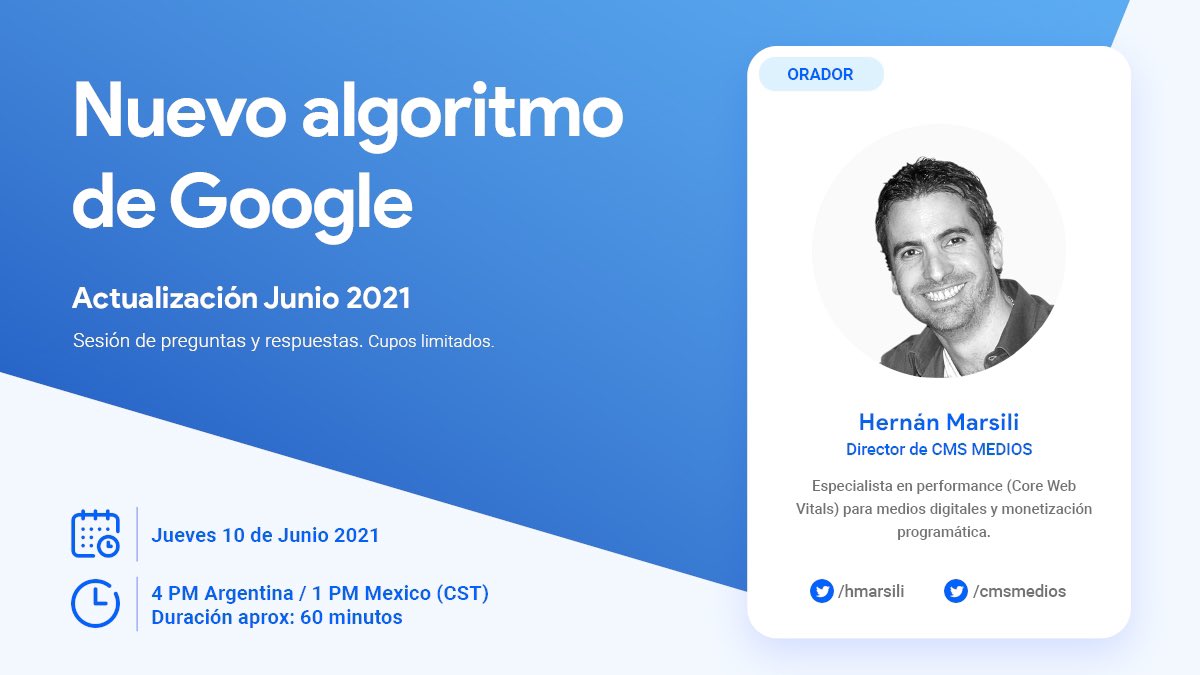 CHARLA ONLINE NUEVO ALGORITMO DE GOOGLE - PAGE EXPERIENCE 2021. INSCRIPCIÓN (cupos limitados) -> docs.google.com/forms/d/e/1FAI… 10 de Junio 4pm hora de Buenos Aires. 

Revisamos las últimas novedades sobre Page Experience y Core Web Vitals. #google #corewebvitals #pageexperience #seo