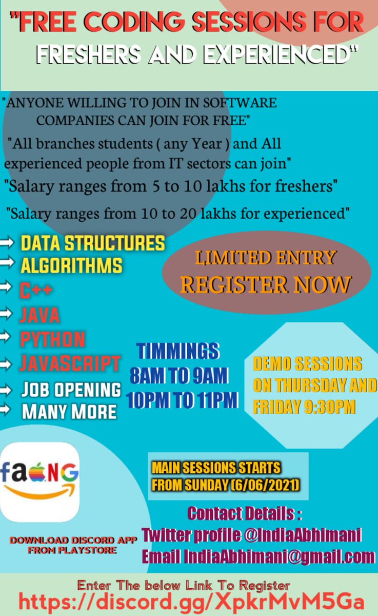v_is_h_w_a's tweet image. " FREE CODING SESSION "
👉 Timings : 8AM TO 9AM
10PM TO 11PM
👉 Topics : DS & ALGO, C++, JAVA, PYTHON, JAVASCRIPT
👉 APP : DISCORD
Msg to @IndiaAbhimani if u have any doubts 👍
#freecoding #java #python #javascript