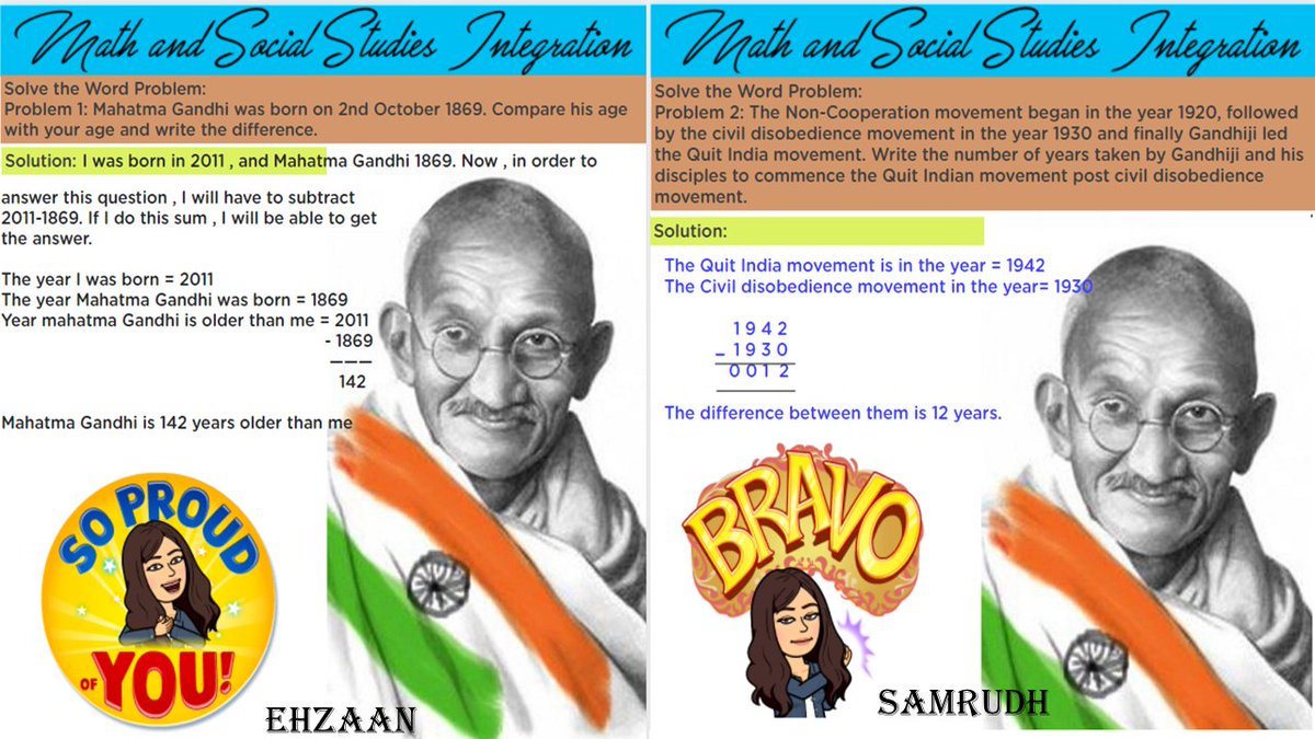 priya_manghnani's tweet photo. #Mathweek2021 Grade 5 students integrated Math in Social Studies classes by solving word problems related to Mahatma Gandhi. They created timelines and used them to support their calculation.@nmsprimary @Fatima_Martin @ShettySampoorna @shivjit97 @gemsnms_alkhail https://t.co/b9eZvEdAi2