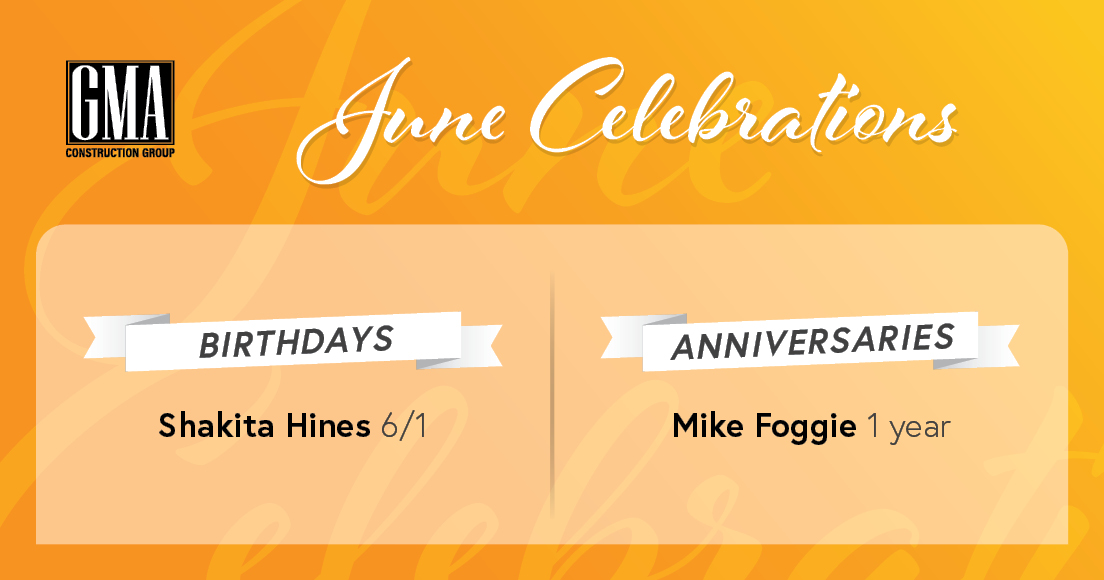 GMABuilds's tweet photo. June Celebrations! A big #THANKYOU to Mike for his first year at GMA. Also, a big #HAPPYBIRTHDAY to Shakita for celebrating another trip around the sun.
#DevelopingPeople #TransformCommunities #BIGProjects #BIGImpact #BIGDreams #Chicago #constructionindustry #TeamGMA https://t.co/wjXP6nxbZJ