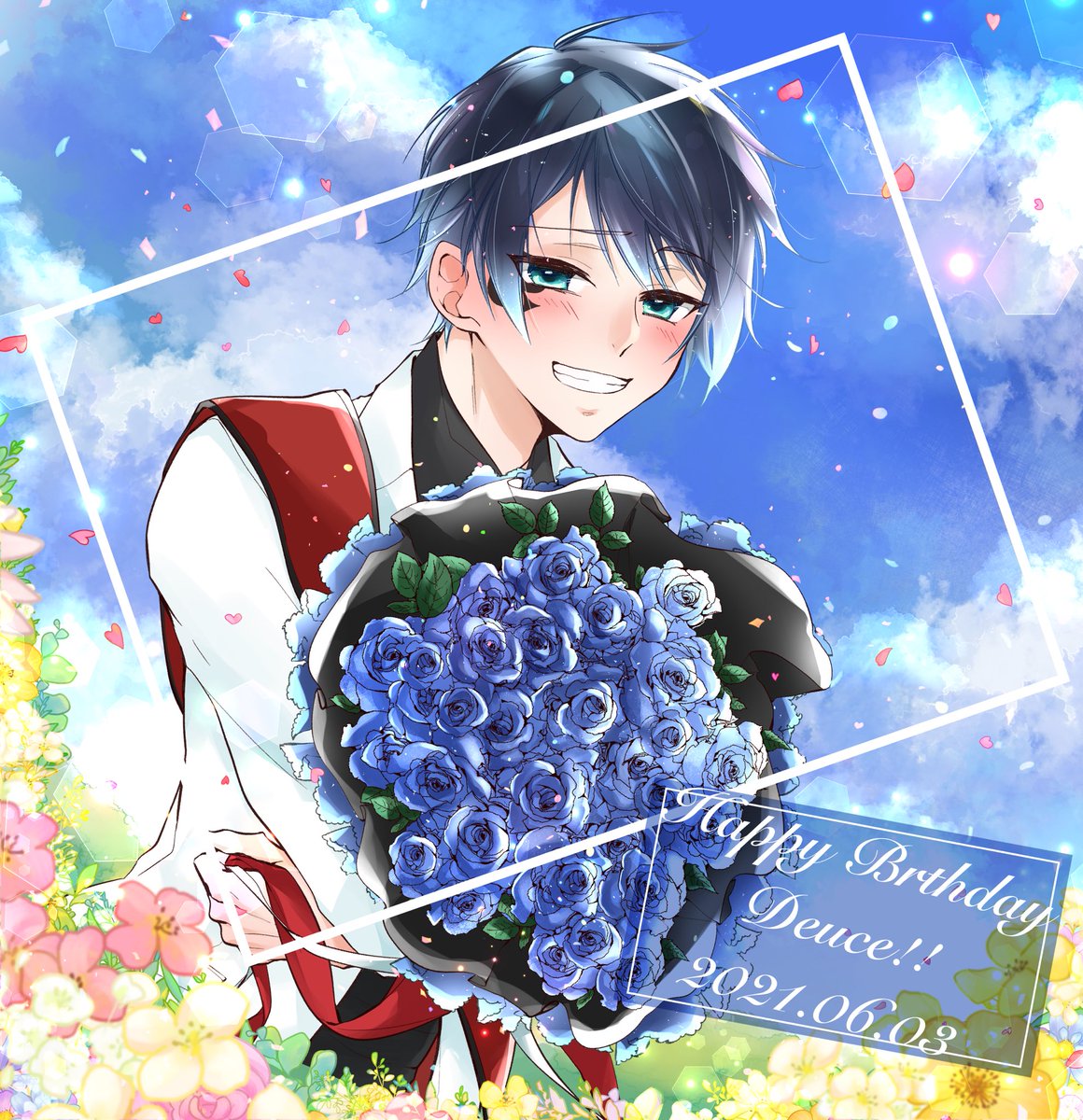 1boy flower blue flower male focus bouquet happy birthday smile  illustration images